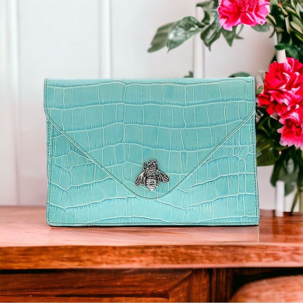 Vintage Teal Croc Embossed Leather Envelope Clutch w/ Silver Bumble Bee